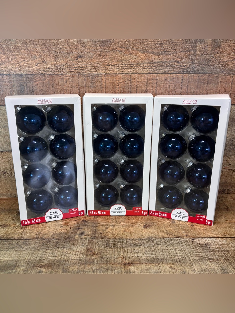 NEW- 3 Boxes Glass Christmas Ornaments Dark Blue (24 Total) Ashland 2.5 in